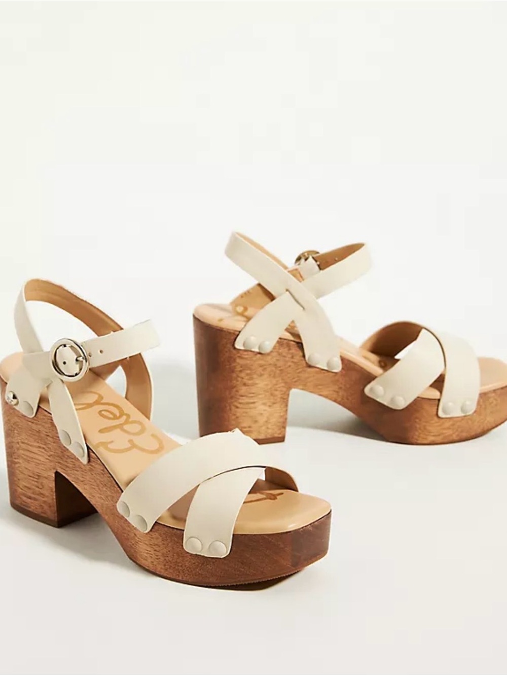 Sam Edelman Cream Cross-Strap Platform Sandals with Wood Heel